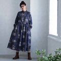 M-2XL  秋のお出かけに 花柄コーデュロイワンピース 2XL ネービー