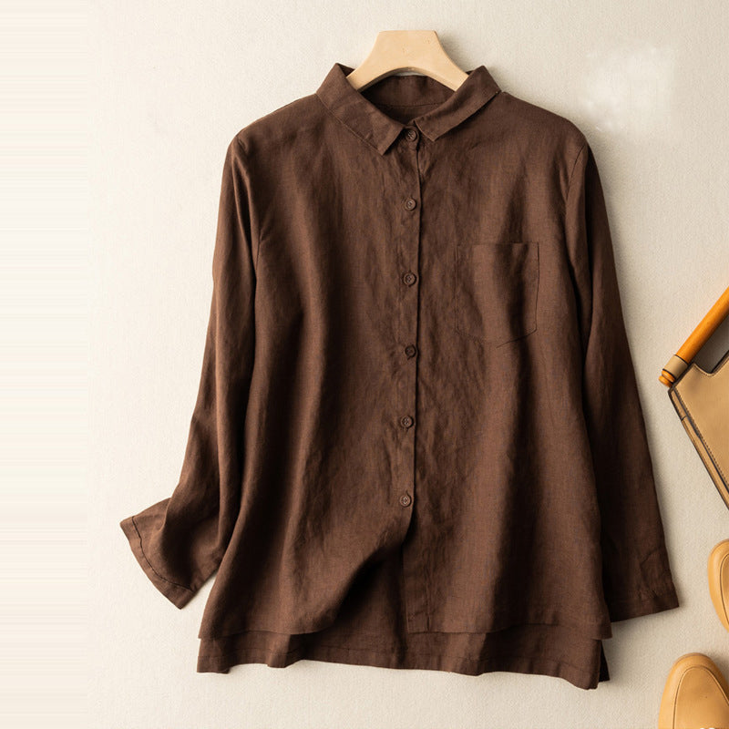 M-2XL 綿麻混 折り襟 無地 森ガール シャツ 2XL コーヒー
