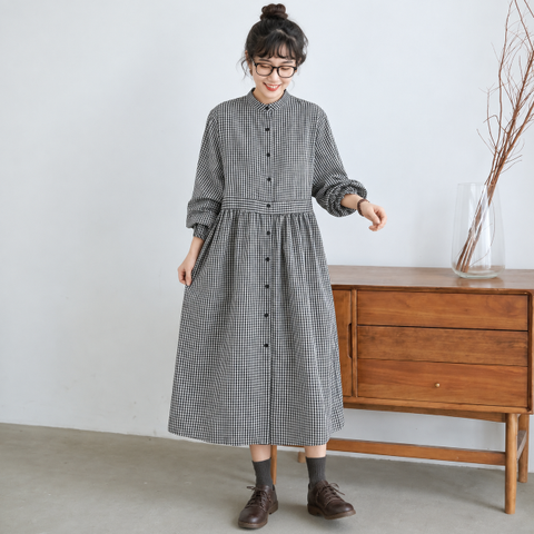 M-2XL スタンドカラー 前ボタン ウエストギャザー ゆったり 森系 カジュアル 長袖 ロングワンピース M 写真通り