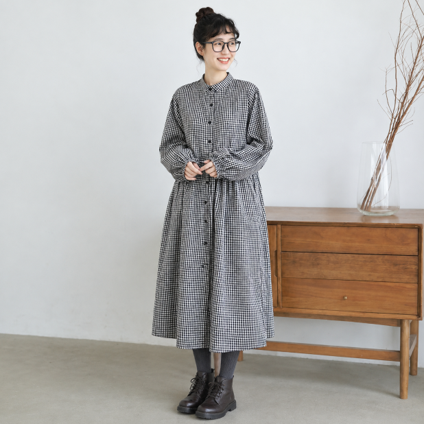 M-2XL スタンドカラー 前ボタン ウエストギャザー ゆったり 森系 カジュアル 長袖 ロングワンピース 2XL 写真通り