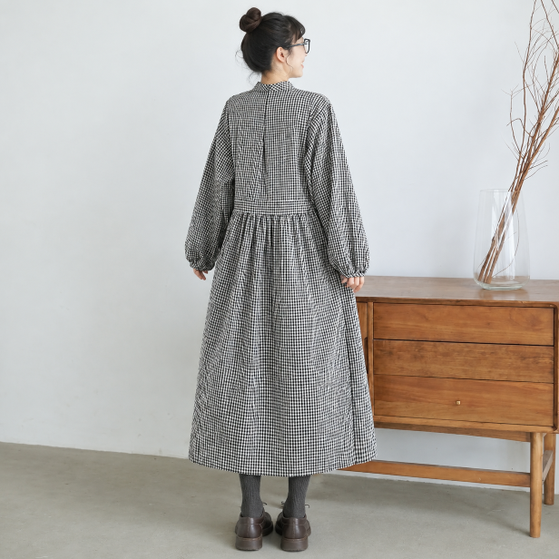 M-2XL スタンドカラー 前ボタン ウエストギャザー ゆったり 森系 カジュアル 長袖 ロングワンピース M 写真通り