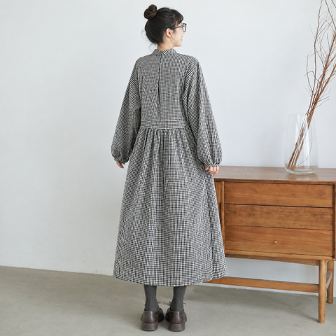 M-2XL スタンドカラー 前ボタン ウエストギャザー ゆったり 森系 カジュアル 長袖 ロングワンピース M 写真通り