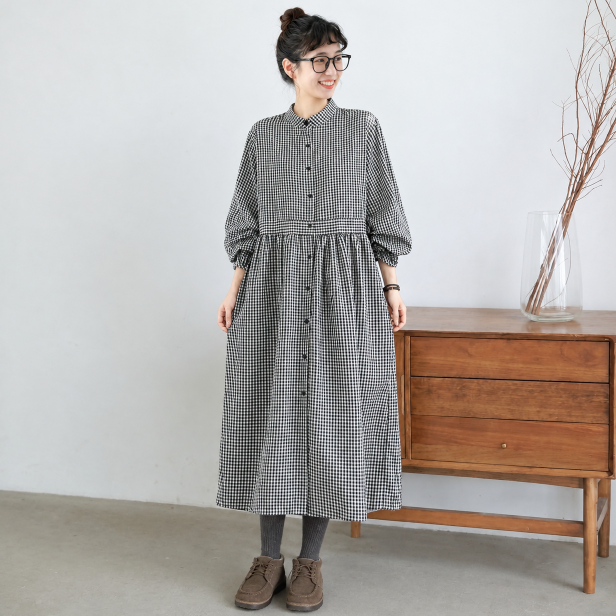 M-2XL スタンドカラー 前ボタン ウエストギャザー ゆったり 森系 カジュアル 長袖 ロングワンピース M 写真通り