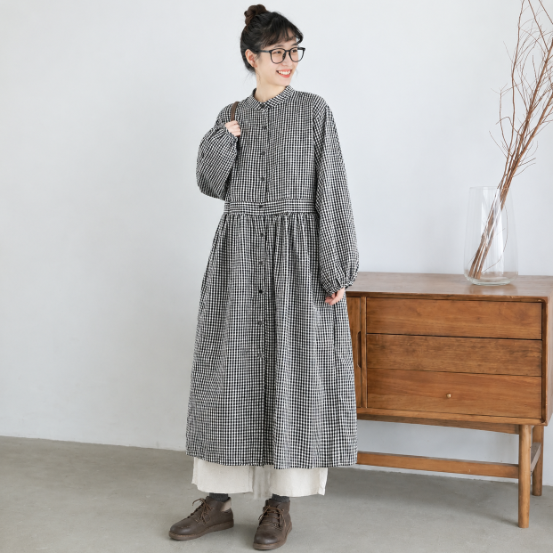 M-2XL スタンドカラー 前ボタン ウエストギャザー ゆったり 森系 カジュアル 長袖 ロングワンピース M 写真通り