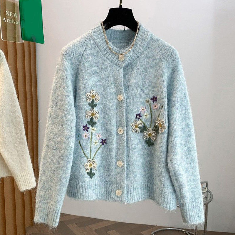 お買い得！刺繍 花模様 スウィート シングルブレスト 長袖 カーディガン フリー スカイブルー