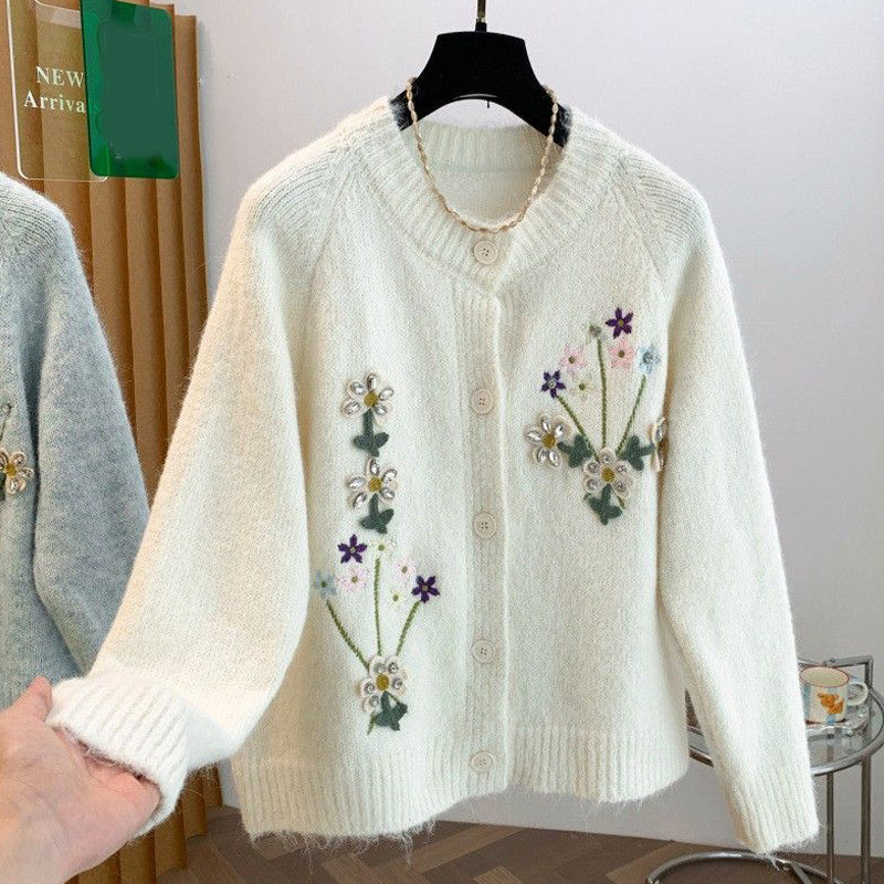 お買い得！刺繍 花模様 スウィート シングルブレスト 長袖 カーディガン フリー ホワイト