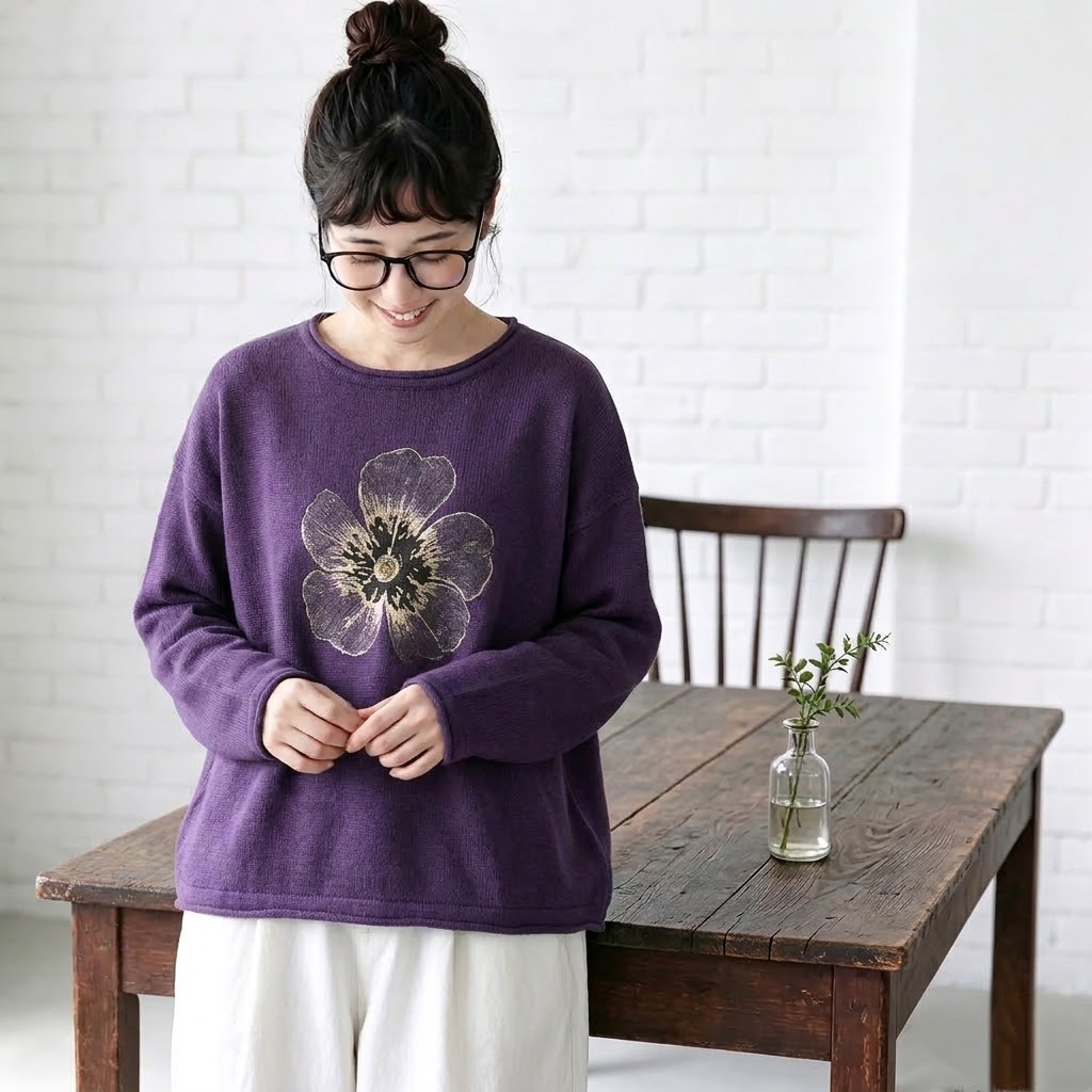 新作発売！ 花模様 レトロ 長袖 ラウンドネック Tシャツ フリー 写真と同じ2