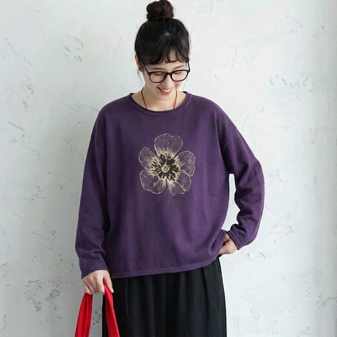新作発売！ 花模様 レトロ 長袖 ラウンドネック Tシャツ フリー 写真と同じ1