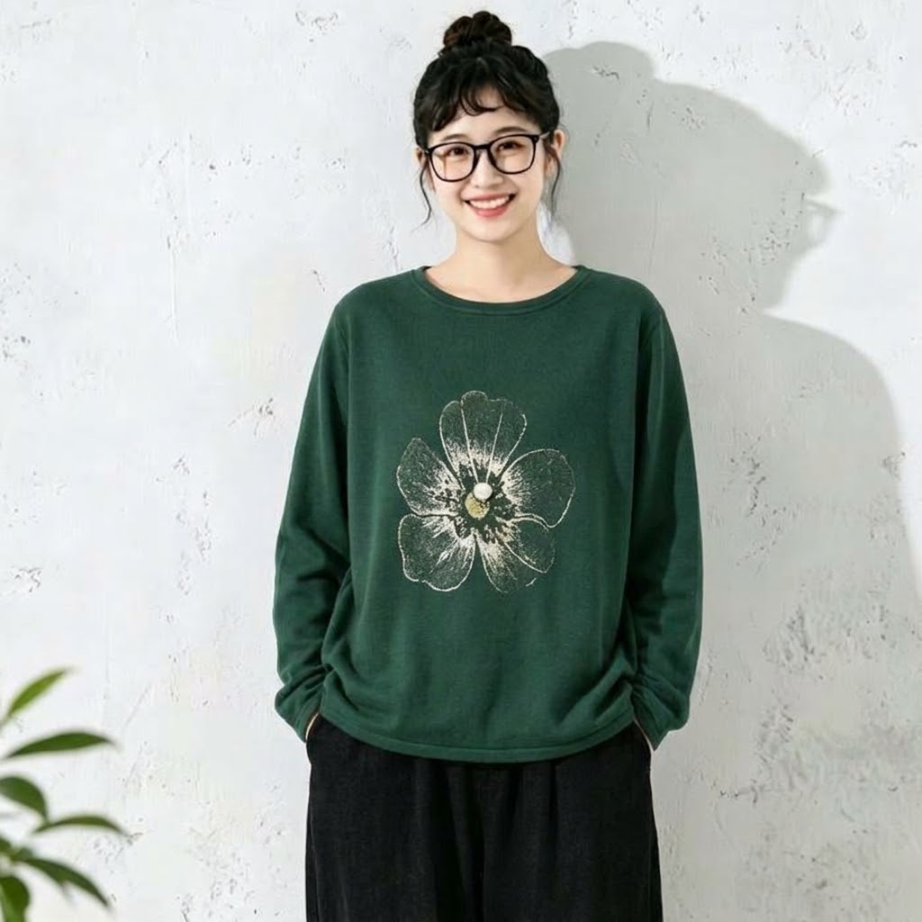 新作発売！ 花模様 レトロ 長袖 ラウンドネック Tシャツ フリー 写真と同じ4