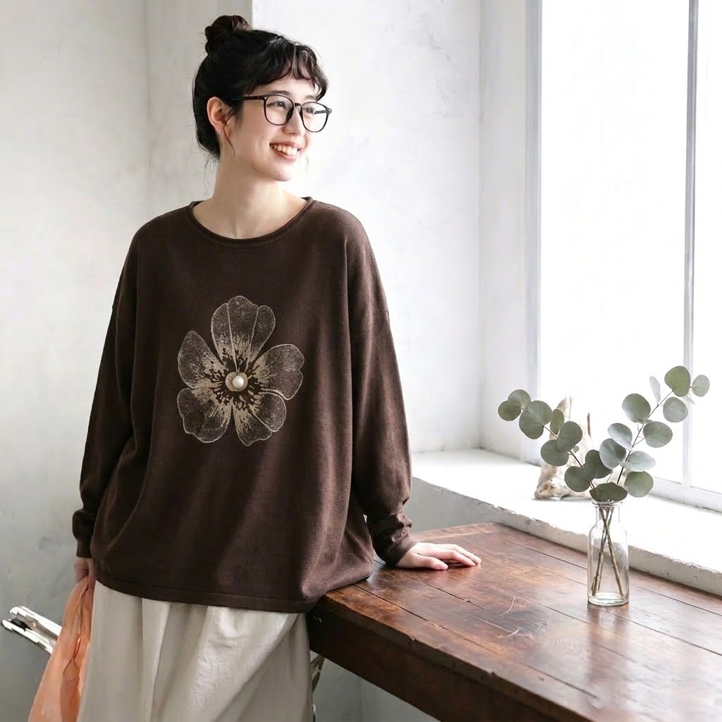 新作発売！ 花模様 レトロ 長袖 ラウンドネック Tシャツ フリー 写真と同じ5