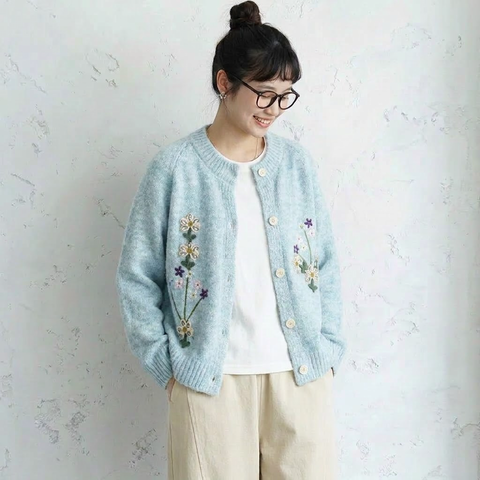 お買い得！刺繍 花模様 スウィート シングルブレスト 長袖 カーディガン フリー イエロー