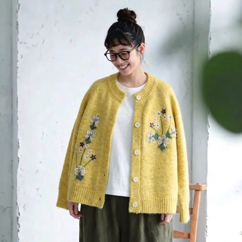 お買い得！刺繍 花模様 スウィート シングルブレスト 長袖 カーディガン フリー イエロー
