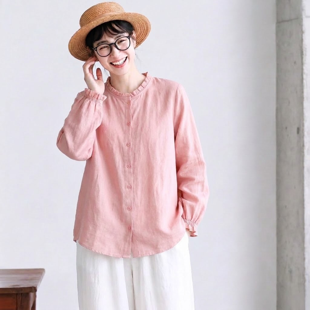 M-3XL 新商品＆再入荷 シンプル フリルカラー 長袖 シングルブレスト 無地 シャツ 3XL ピンク