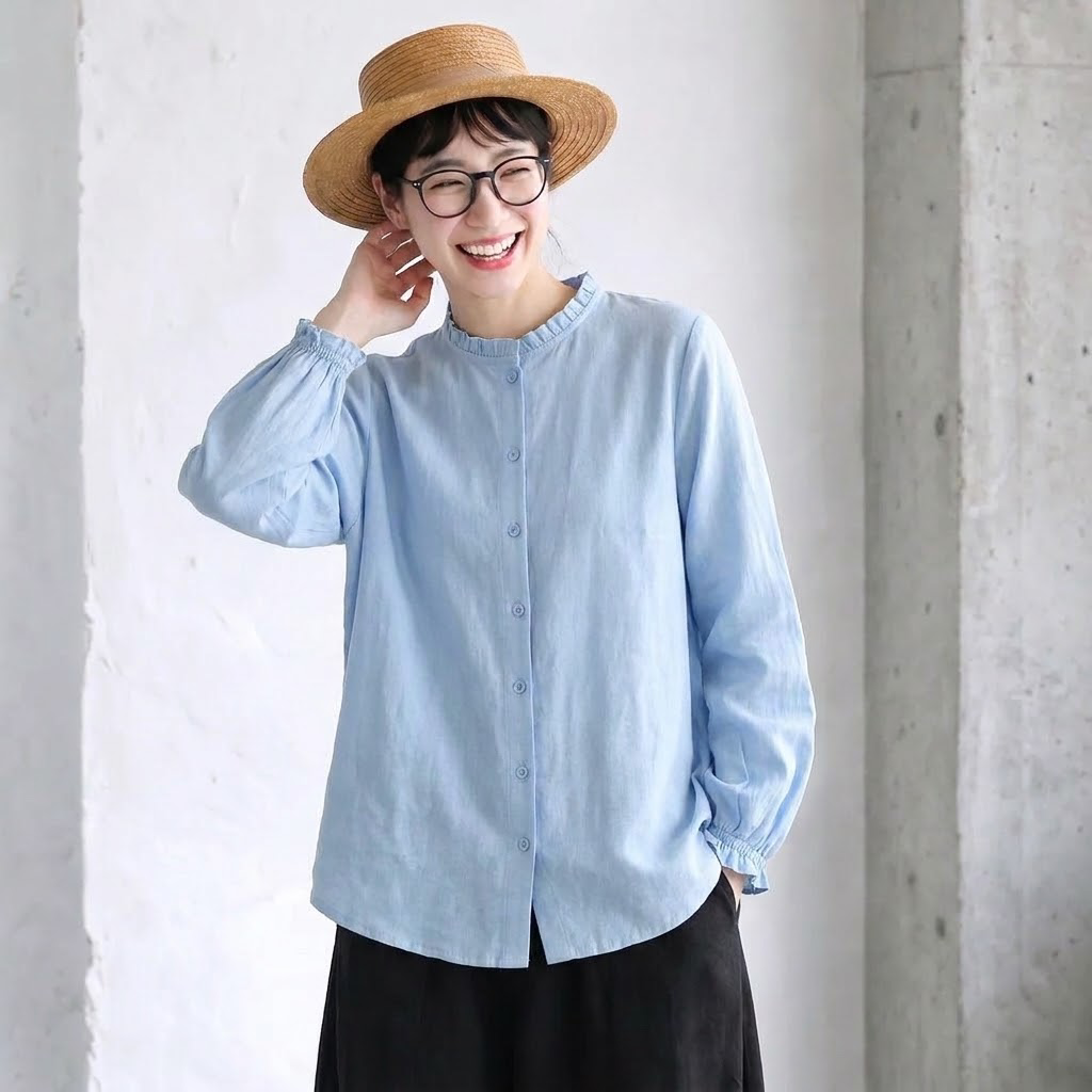 M-3XL 新商品＆再入荷 シンプル フリルカラー 長袖 シングルブレスト 無地 シャツ 3XL ブルー