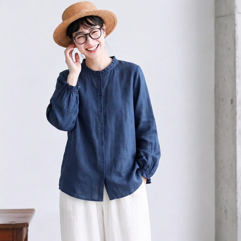 M-3XL 新商品＆再入荷 シンプル フリルカラー 長袖 シングルブレスト 無地 シャツ 3XL ネイビー