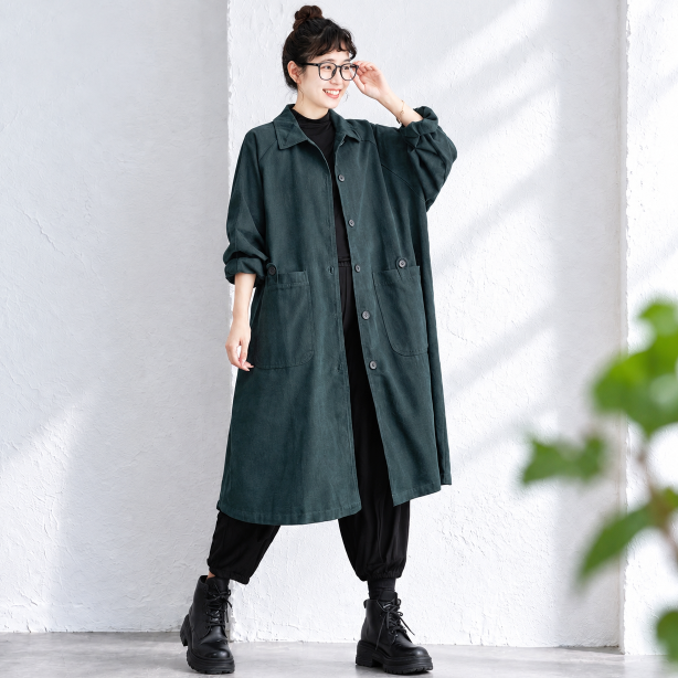 フリーサイズ レトロ ロング丈 オーバーサイズ 体型カバー カジュアル トレンチコート フリー グリーン
