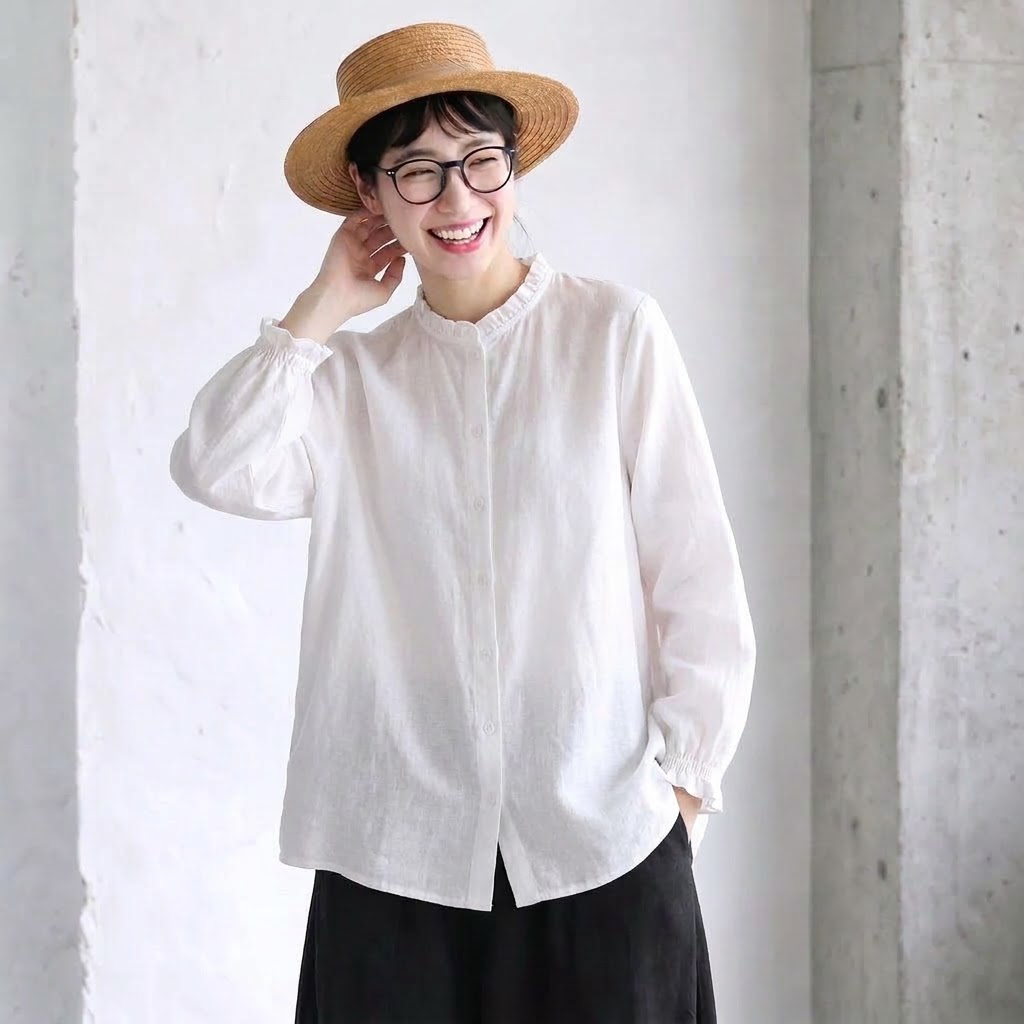 M-3XL 新商品＆再入荷 シンプル フリルカラー 長袖 シングルブレスト 無地 シャツ M ホワイト