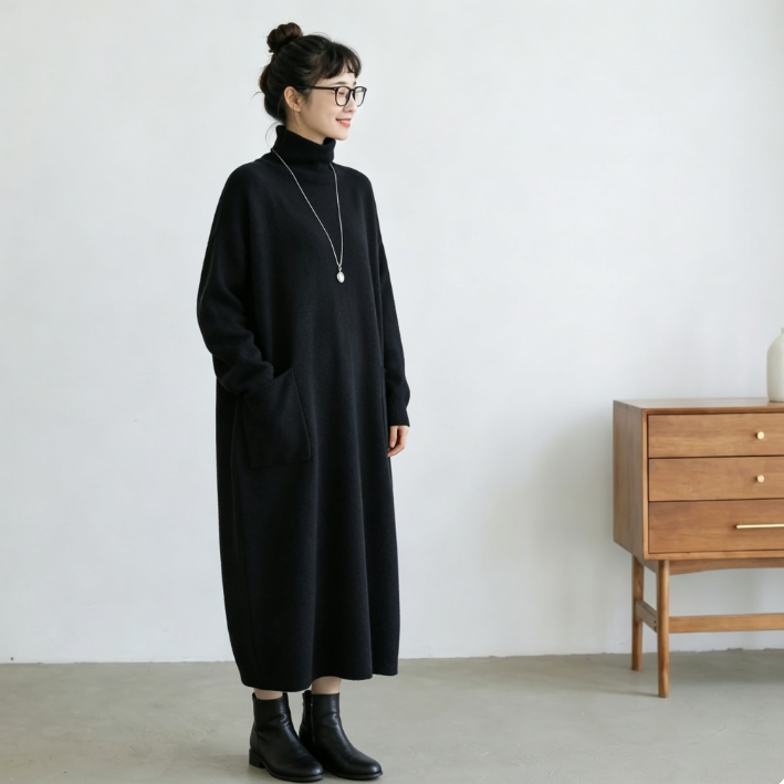SML ハイネック ポケット付き ルーズシルエット 着回し 長袖 ロングワンピース S ブラック