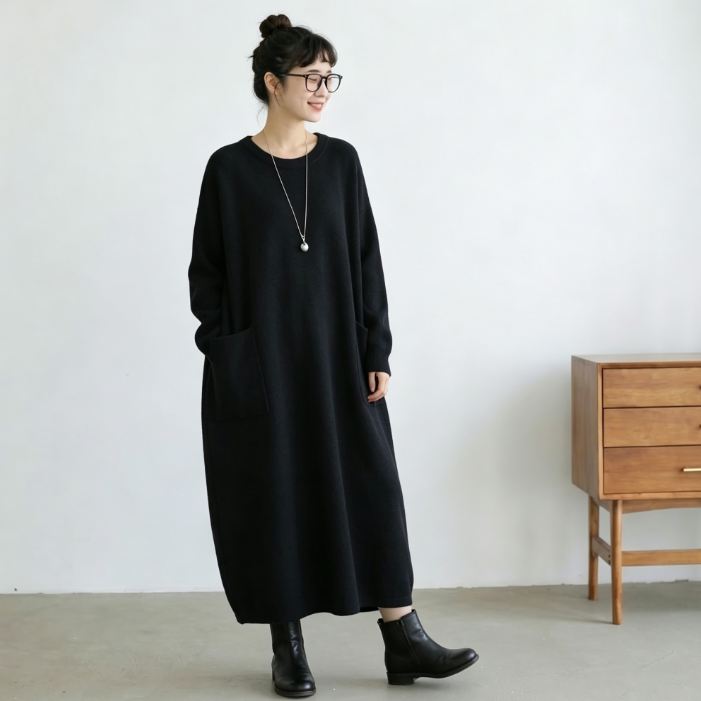 SML ハイネック ポケット付き ルーズシルエット 着回し 長袖 ロングワンピース S ブラック