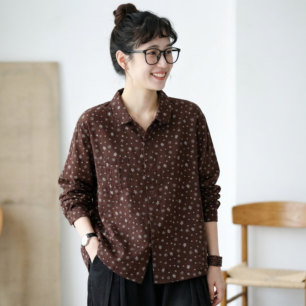 女性に大人気 花柄 森ガール レトロ 折り襟 シングルブレスト 長袖 シャツ フリー 写真と同じ2