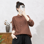 着回し自在！SML レトロ 花柄プリント ポケット付き ゆったり 長袖シャツ L コーヒー