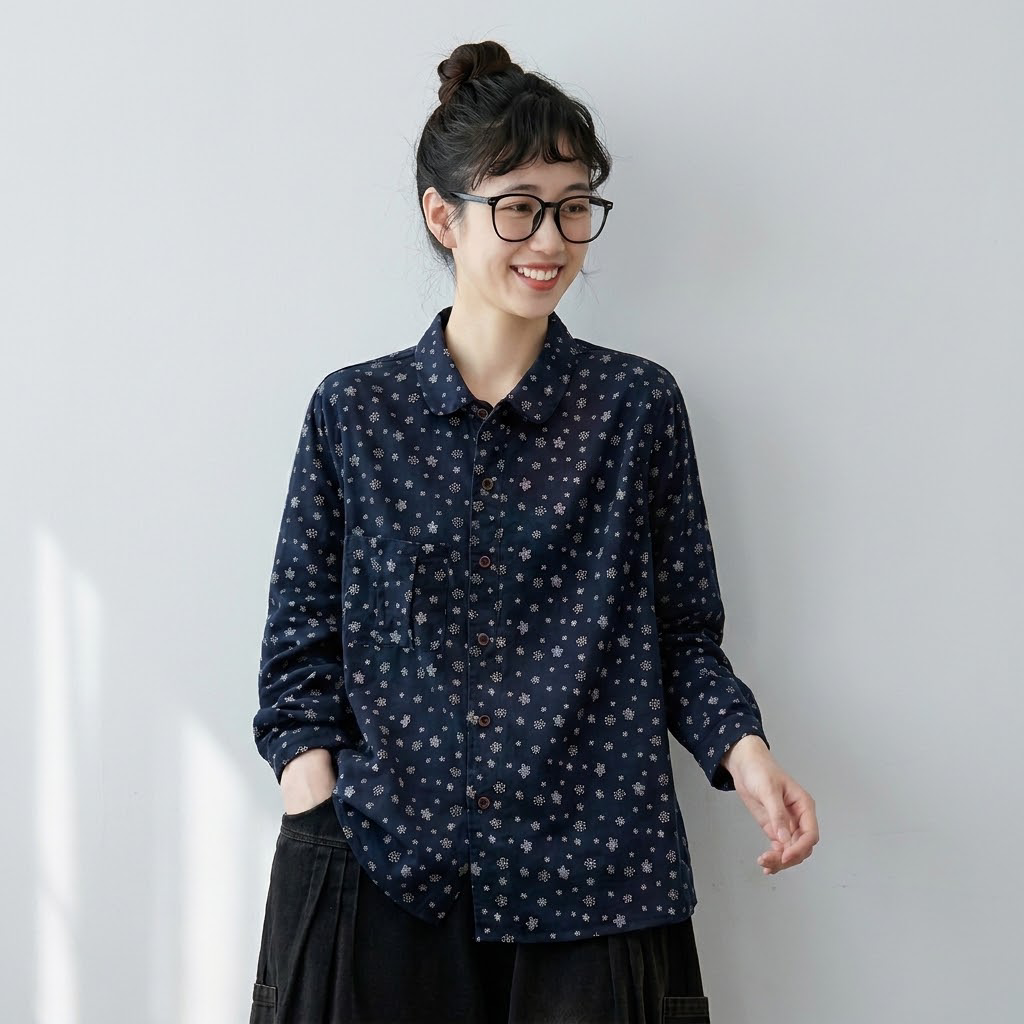 女性に大人気 花柄 森ガール レトロ 折り襟 シングルブレスト 長袖 シャツ フリー 写真と同じ1