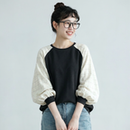 S-L着回し自在！配色 切り替え 長袖 ラウンドネック Tシャツ S ホワイト