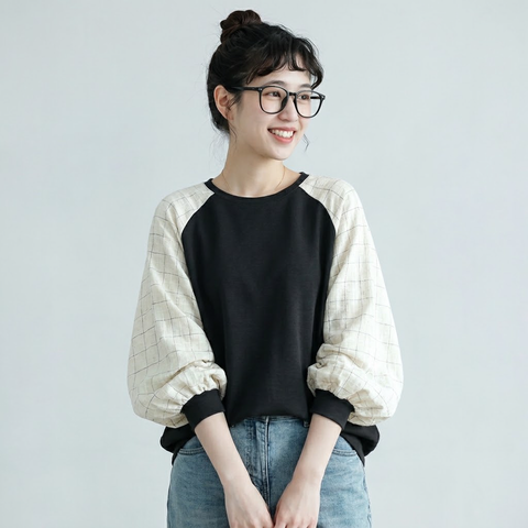 S-L着回し自在！配色 切り替え 長袖 ラウンドネック Tシャツ S ホワイト