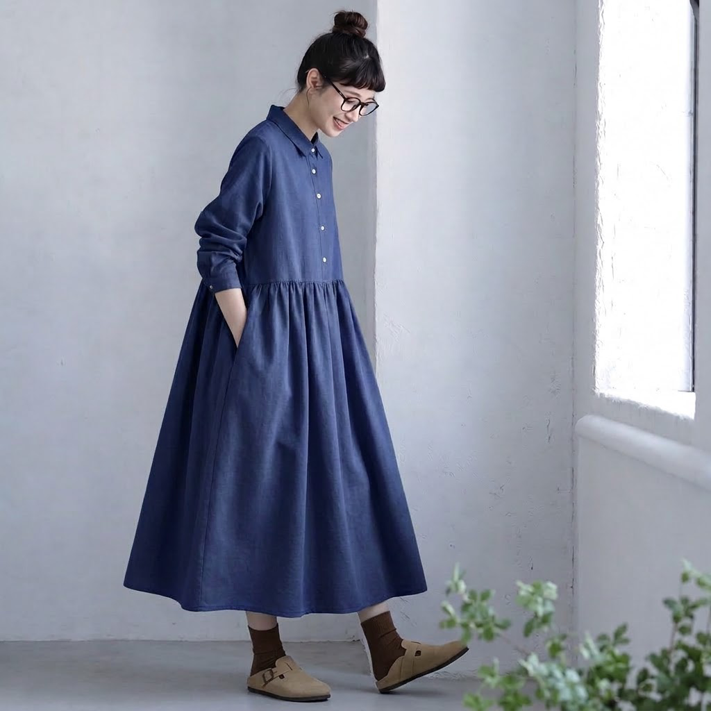 M-2XL 綿混 長袖 シンプル 森ガールワンピース M ネイビー