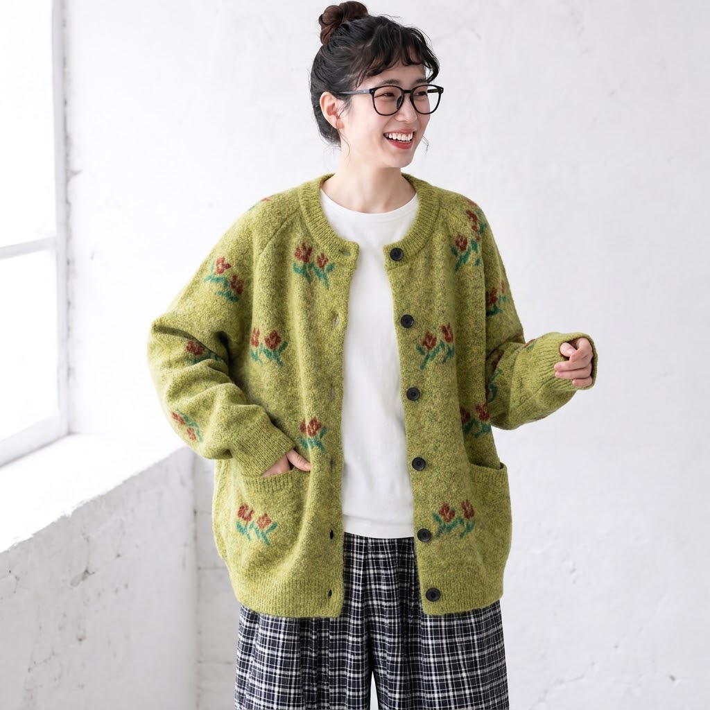 S-2XL さりげなく花が広がる ニットカーディガン S グレー