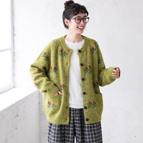 S-2XL さりげなく花が広がる ニットカーディガン S グレー