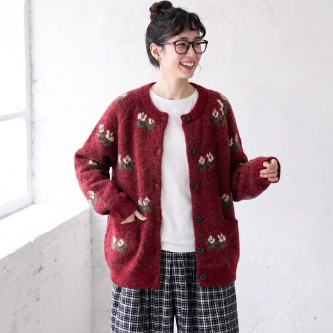 S-2XL さりげなく花が広がる ニットカーディガン 2XL レッド