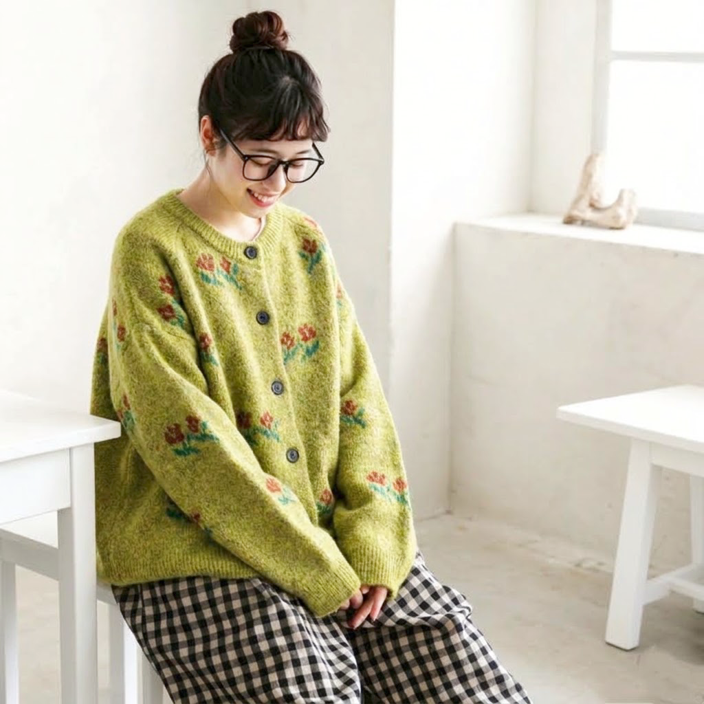 S-2XL さりげなく花が広がる ニットカーディガン 2XL グリーン
