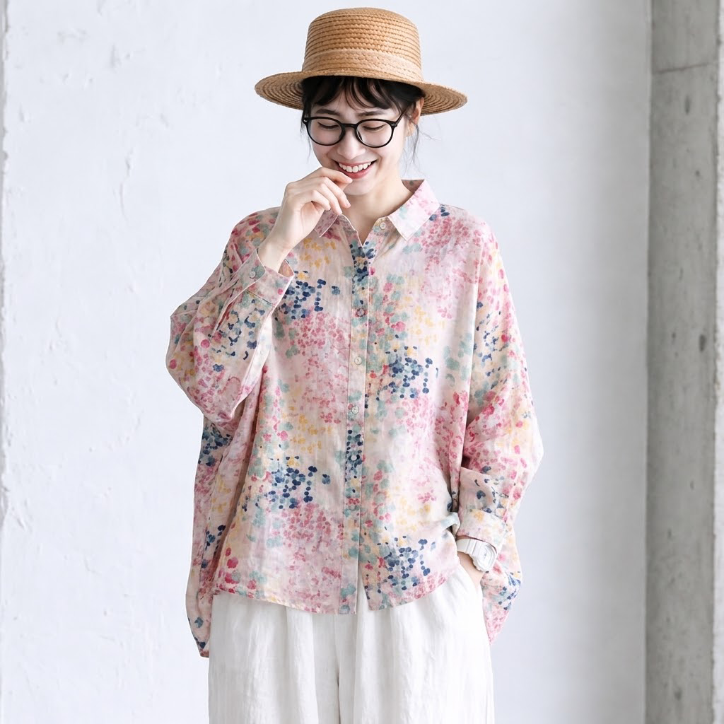 M-2XL 草花プリント ふんわりピンクの麻混ブラウス M 写真通り