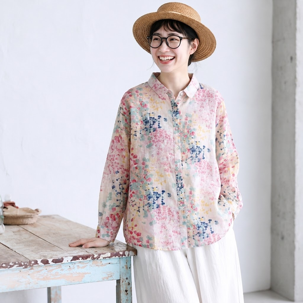 M-2XL 草花プリント ふんわりピンクの麻混ブラウス M 写真通り