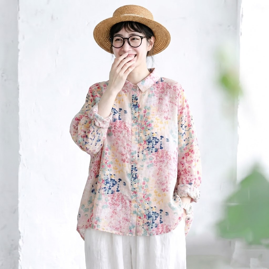 M-2XL 草花プリント ふんわりピンクの麻混ブラウス M 写真通り