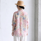 M-2XL 草花プリント ふんわりピンクの麻混ブラウス M 写真通り
