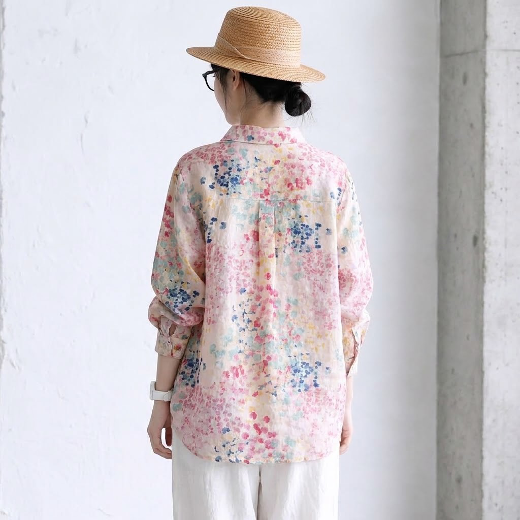 M-2XL 草花プリント ふんわりピンクの麻混ブラウス M 写真通り