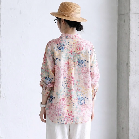 M-2XL 草花プリント ふんわりピンクの麻混ブラウス M 写真通り