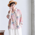 M-2XL 草花プリント ふんわりピンクの麻混ブラウス 2XL 写真通り