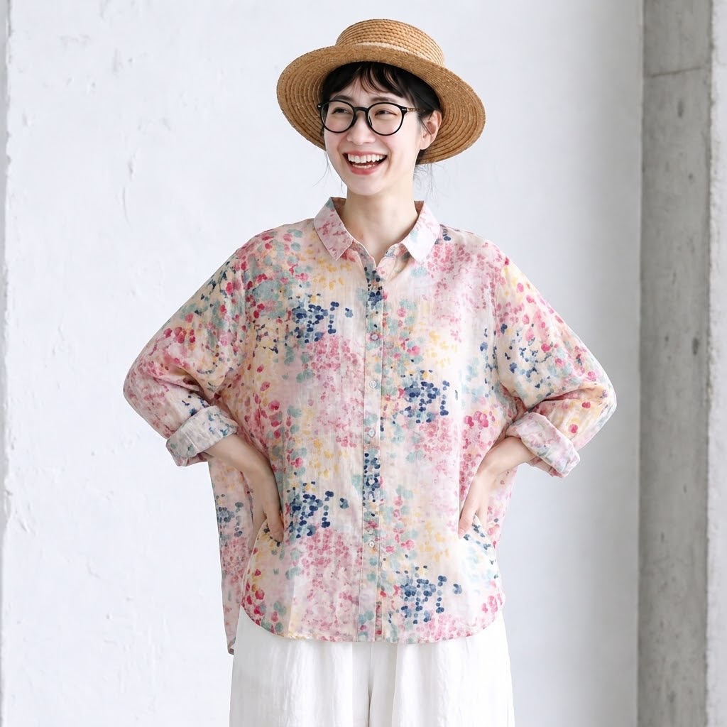 M-2XL 草花プリント ふんわりピンクの麻混ブラウス M 写真通り