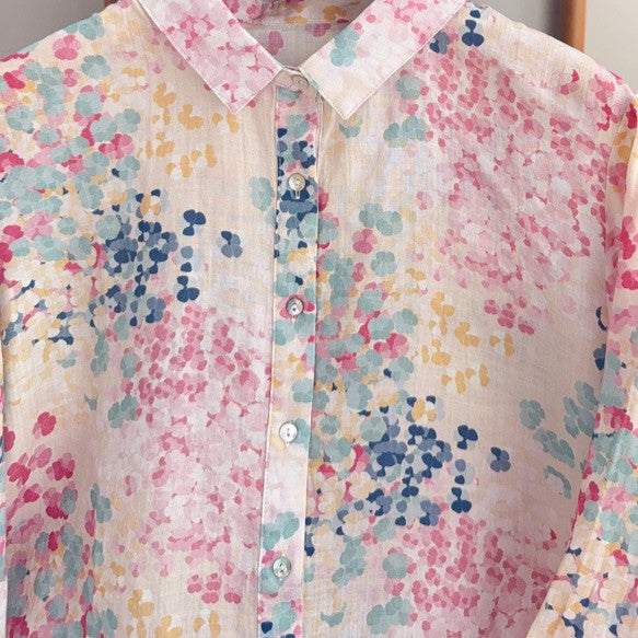 M-2XL 草花プリント ふんわりピンクの麻混ブラウス M 写真通り