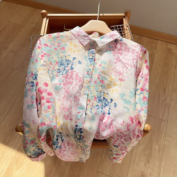 M-2XL 草花プリント ふんわりピンクの麻混ブラウス M 写真通り