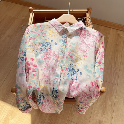 M-2XL 草花プリント ふんわりピンクの麻混ブラウス M 写真通り