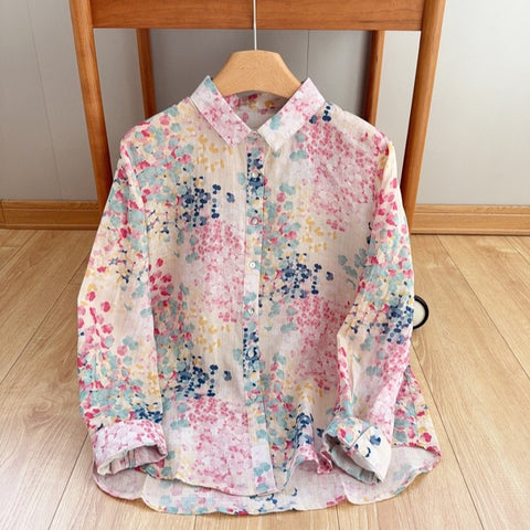 M-2XL 草花プリント ふんわりピンクの麻混ブラウス M 写真通り