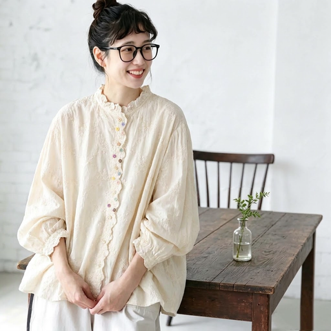 S-2XL コットン レース 花模様 刺繍 ノーマルスリーブ 長袖 スウィート シャツ 2XL アプリコット