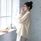 S-2XL コットン レース 花模様 刺繍 ノーマルスリーブ 長袖 スウィート シャツ S アプリコット