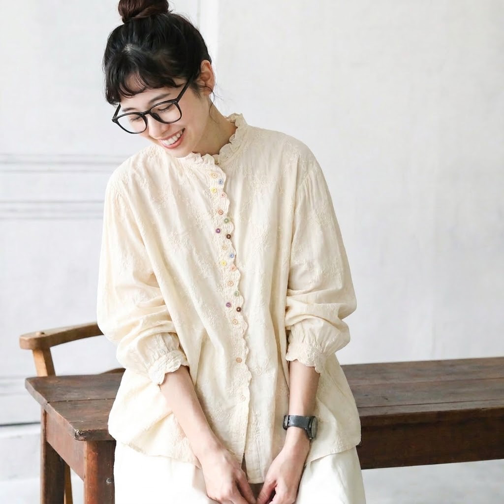 S-2XL コットン レース 花模様 刺繍 ノーマルスリーブ 長袖 スウィート シャツ S アプリコット