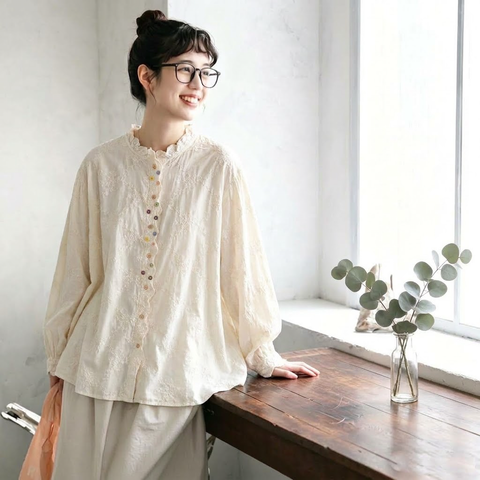 S-2XL コットン レース 花模様 刺繍 ノーマルスリーブ 長袖 スウィート シャツ S アプリコット