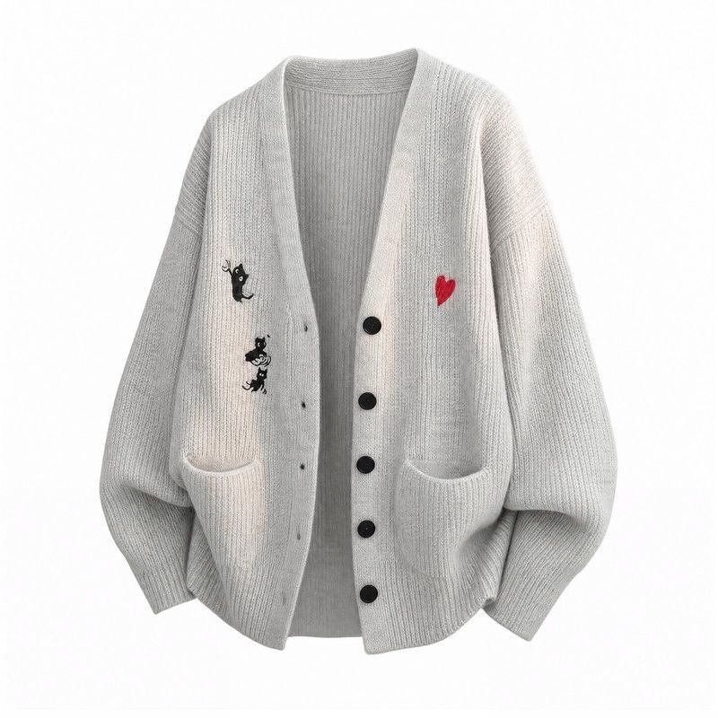 M-4XL 柔らかい クリームカラー 刺繍 ゆったり ルーズシルエット ニットカーディガン M ベージュ
